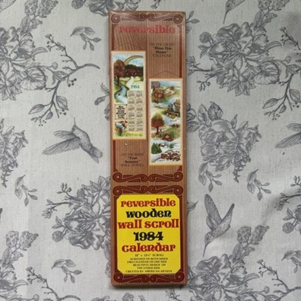 Vtg Reversible Wooden Wall Scroll 1984 Calendar 32"x12.5" Scroll 80s Cottage Art